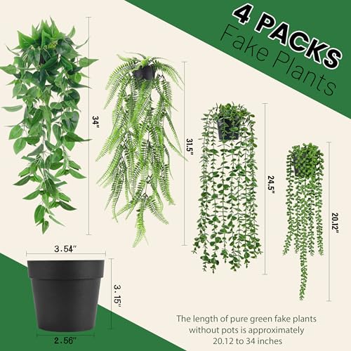 Der Rose 4Pcs Fake Plants Hanging Artificial Ivy Vine Faux Eucalyptus Hanging Plants, Boston Fern, String of Pearls for Living Room Aesthetic Bedroom Boho Kitche Wall Shelf Indoor Outdoor Decor - color: Black Pots-4pcs Green