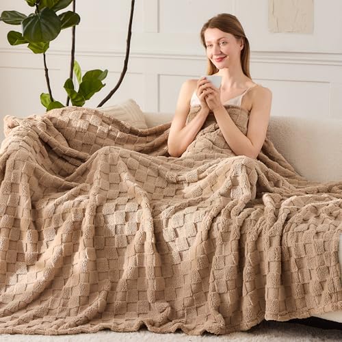 Brown Textured Checkered Throw Blanket, 330GSM Soft Plush Fleece Blanket for Couch Sofa Travel, Cozy Decorative Giftable Home Blanket,50x60 Inches - color: Brown, size: Throw(50"x60")