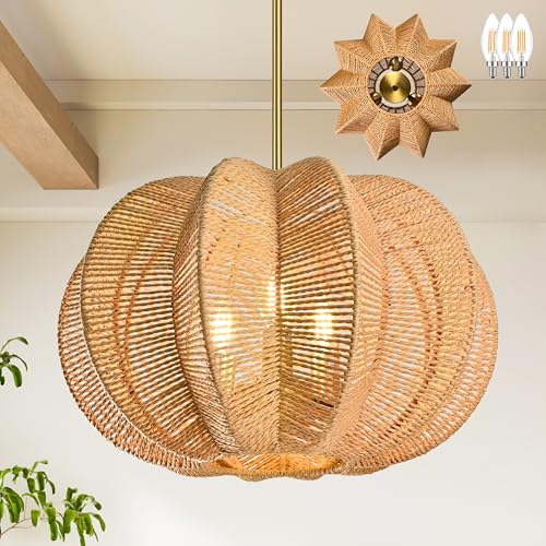 17.7 Inch Rattan Pendant Light Hemp Rope Rattan Light Fixture Woven Pendant Wicker Chandelier 3-Light Boho Chandelier for Bedroom - color: 17.7" Natural