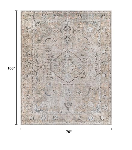 Hauteloom Standon Machine Washable Vintage Area Rug for Living Room - Traditional Bohemian Faded Medallion Carpet - Stain Resistant - Pet Friendly - Burnt Orange, Beige, Cream - 6'7"x9' (6x9) - color: Grass Green, Terracotta, Charcoal / Standon, size: 6'7
