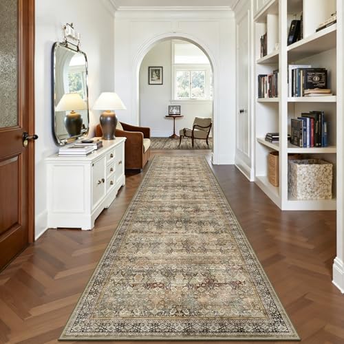2x8 Hallway Runner Rug, Washable Vintage Retro Long Runner Rugs for Kitchen Laundry, Soft Ultra Thin Non Slip Low Pile Traditional Distressed Boho Carpet for Bedroom Bathroom, Charcoal Olive - color: B-charcoal / Olive, size: 2x8