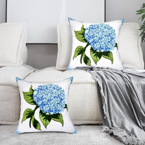 Alysheer Spring Hydrangea Embroidered Decorative Throw Pillow Covers 18"x 18" Set of 2, Summer Blue Green Floral Tufted Patterned Cotton Cushion Cases for Couch Bed Living Room Decor - color: Hydrangea Blue, size: 18" x 18" (Pack of 2)