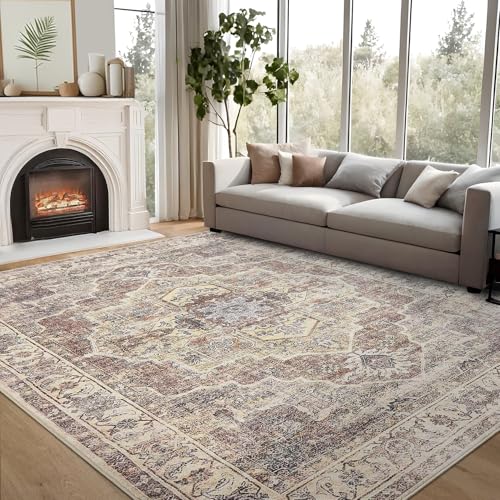 Area Rug 6x9 for Living Room - Machine Washable Non-Slip Vintage Rugs for Bedroom - Low Pile Thin Large Floor Carpet for Dinning Room Home Office,Vintage Brown - color: Vintage Brown, size: 6' x 9' (Rectangular)