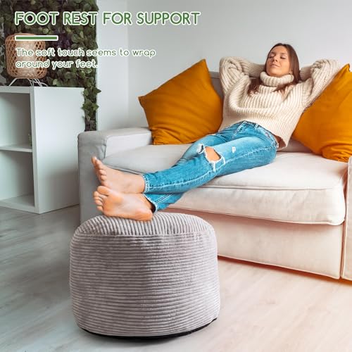 HIGOGOGO Round Stuffed Pouf Ottoman, Corduroy Poufs with Foam Chunk Filling, Furry and Fluffy Pouf Foot Stool Storage Ottoman, 20 X 15 Floor Poufs Foot Rest for Living Room, Grey - color: Grey, size: 20"D x 20"W x 15"H