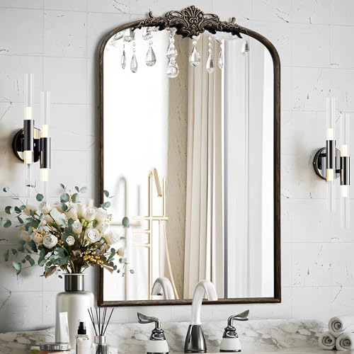 Besdomus Antique Large Arched Mirror: 24"x36" French Arch Black Vintage Wall Vanity Mirror - Decorative Baroque Traditional Ornate for Entryway/Bathroom/Bedroom - Ideal for Bathroom Renovations - color: Black, size: 36"L x 24"W