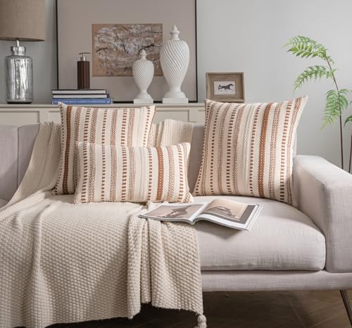 Cethom Brown Boho Throw Pillow Covers 18x18 Inch Set of 2, Stripe Textured Decorative Couch Pillow Cases for Bed, Sofa, Living Room, Bedroom, Farmhouse Home Accent Cushion Covers - color: Brown, size: 18" x 18" (Pack of 2)