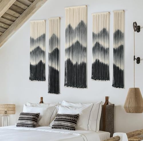 IOWER Large Macrame Wall Hanging 5Pcs Handmade Dip-Dyed Mountain Wall Decor Combination Suspension Bedroom Living Room Modern Fiber Yarn Wall Art - color: black1
