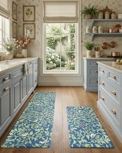 LUMI Anti-Fatigue Kitchen Floor Mats Set of 2,Cushioned Comfort Standing Rug Waterproof 2PCS, Non-Slip Ergonomic Foam Runner for Sink, Laundry, Office & Home,17x29+17x59, - color: Blue Floral, size: 59"L x 17"W x 0.4"Th + 30"L x 17"W x 0.4"Th
