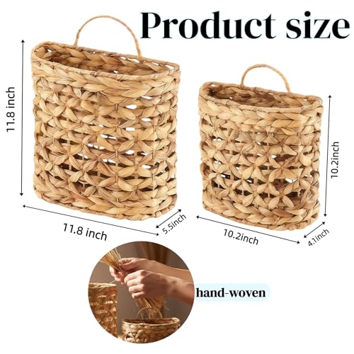 Set of 2 Wicker Wall Hanging Basket, Natural Water Hyacinth Hanging Wicker Decorative Basket, Handmade Woven Storage Organizer for Front Door Mail Flowers Garden House Wedding Wall Decorations