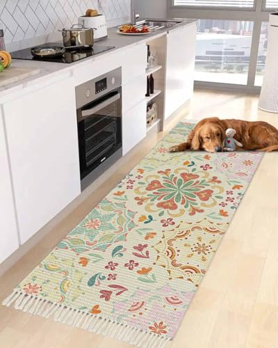 Beige Boho Hallway Runner Rug 2' x 6', Retro Ethnic Shabby Colorful Floral Patterned Washable Entryway Rug with Tassels, Woven Cotton Laundry Room Rugs Long Carpet for Bathroom Sink Foyer Bedroom - color: Multicolor Linen, size: 2' x 6' (Rectangular)