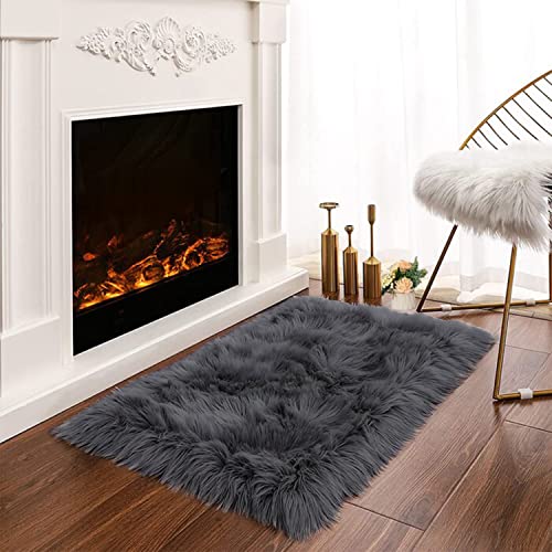 Latepis Dark Grey Small Bedroom Rugs 2x3 Washable Rugs Soft Shaggy Fuzzy Faux Sheepskin Fur Rug for Cushion Cat Mat Home Décor, Rectangle - color: Dark Grey, size: 2' x 3' (Rectangular)