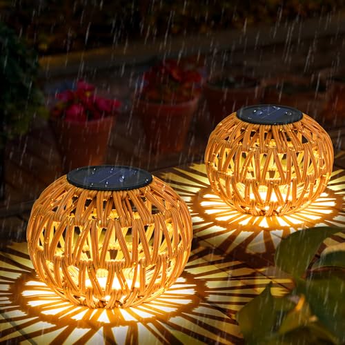 2PCS Solar Lanterns Outdoor Waterproof, Outdoor Solar Lights Table Lamp | Handwoven Rattan Solar Boho Lanterns Lamp Decorative Solar Lights for Table Decor,Yard,Patio,Porch,Pathway,Deck - color: Dark Brown