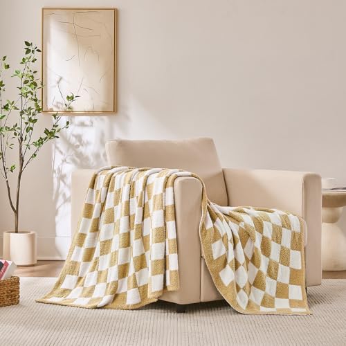 Checkered Throw Blanket, Khaki Soft Cozy Fluffy Knitted Throw Blankets for Couch, Sofa, Bed, Chair, Warm Fuzzy Travel Picnic Lightweight Plaid Blanket, 50x70 inches - color: Khaki, size: 50×70 Inch