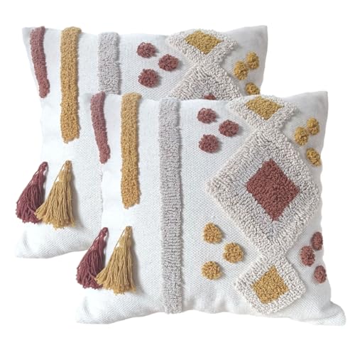 Andreannie Pack of 2 Boho Tufting Throw Pillow Cover Embroidered Textured Cushion Cover with Tassels Soft Home Decororative for Couch Sofa 18x18 inch (Boho Grey Yellow) - color: Boho Grey Yellow