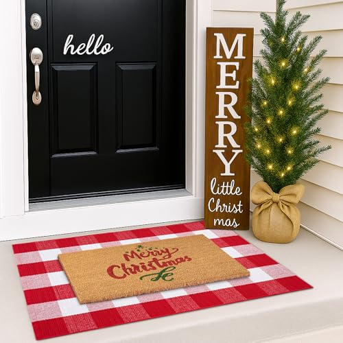 Christmas Door Mat Combo Set - 100% Coco Coir Welcome Mat + 28 x 43 Inch Red and White Plaid Rug, New Year Holiday Christmas Collection Doormat for Front Porch Entryway Decorative