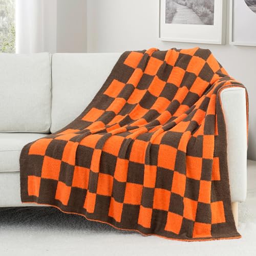 Carriediosa Checkered Throw Blanket 50" X 60", 400GSM Ultra Soft Microfiber Fuzzy Fluffy Reversible Cute Preppy Knitted Blankets Cozy Plush Fall Throws for Couch, Bed, Sofa, Burnt Orange - color: Check - Orange and Brown, size: 50" X 60"