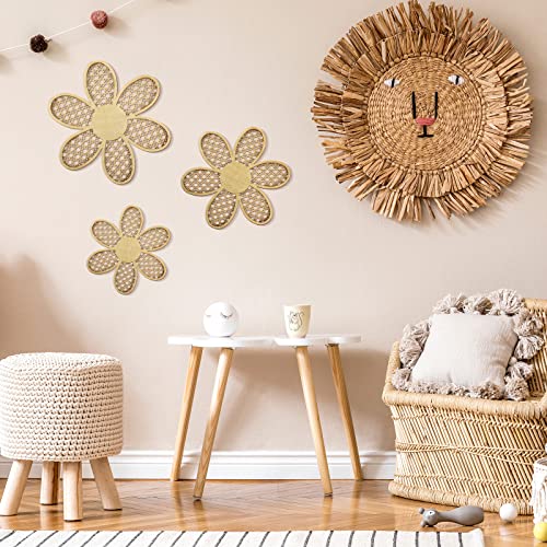 Maitys 3 Pieces Boho Daisy Wall Decor Natural Rattan Flower Wall Hanging Art Wooden Boho Art Nursery Flowers Farmhouse Hanging Decor for Home Office Nursery(Wooden Color) - color: Wooden Color