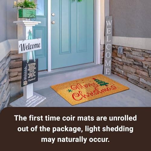 KANKUN Merry Christmas Coco Coir Door Mat with Xmas Tree, Heavy Duty Backing, Welcome Doormat (17" x 30"), Doormat Entrance (Christmas2 - Welcome) - color: Christmas2 - Welcome