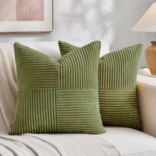 Fancy Homi 2 Packs Moss Green Samll Decorative Throw Pillow Covers 12x12 Inch with for Couch Bed Sofa, Rustic Farmhouse Boho Home Decor, Soft Corss Patchwork Corduroy Square Cushion Case 30x30 cm - color: Moss Green, size: 12" x 12" (Pack of 2)