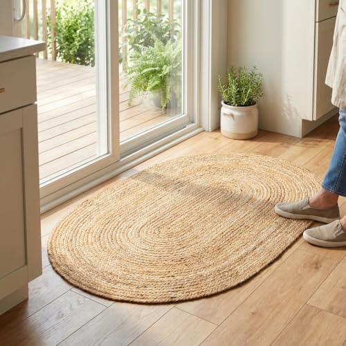 Boho Oval Jute Rug - Reversible Natural Fiber Hearth Carpet- Eco Friendly Floor Covering for Kitchen - Doorway Hand Woven, Natural,2' x 3' - color: Natural, size: 2' x 3' (Oval)