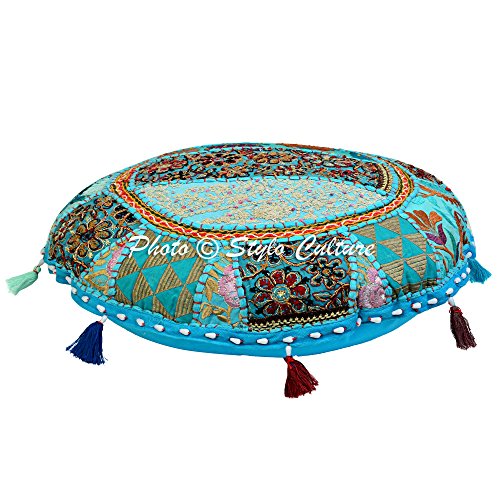 Indian Meditation Cushion Floor Pillow Vintage Bohemian Patchwork Round Cushion Cover Turquoise Blue Throw Pillow Cover 18 Small Decorative Pouf Cover Footstool Cotton Embroidered 1 Pc - color: Turquoise Blue