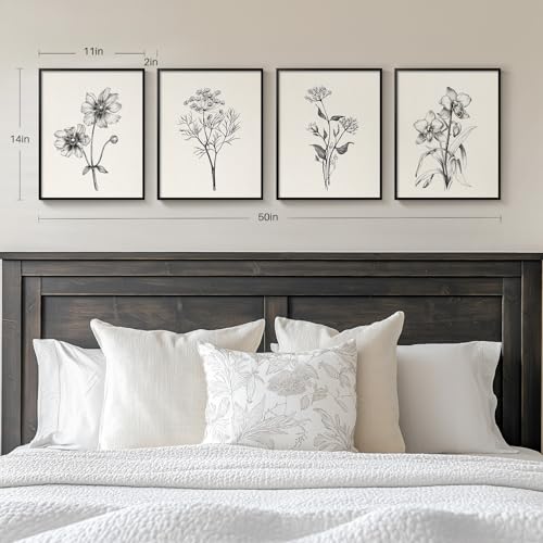 Framed Black and White Floral Wall Art for Bedroom, 4 Piece Vintage Botanical Canvas Paintings Artwork for Modern Farmhouse, Minimalist Flower Pictures for Living Room Kitchen Bathroom Wall Decor - color: Sketch - Black Framed, size: 11" W x 14" H x 4pcs