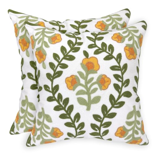 Alysheer Floral Embroidered Summer Decorative Throw Pillow Covers 18"x 18" Set of 2, Farmhouse Cottage Orange Flowers Green Leaves Knit Patterned Cotton Canvas Cushion Case for Couch Bed Living Room - color: Orange Green, size: 18" x 18" (Pack of 2)