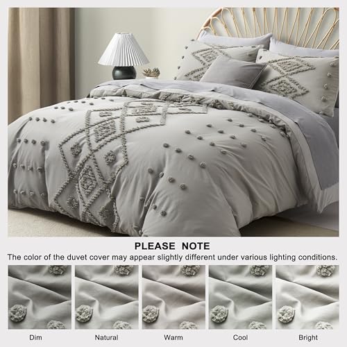 Oli Anderson Tufted Duvet Cover King Size, Soft and Lightweight Duvet Covers Set for All Seasons, 3 Pieces Boho Embroidery Shabby Chic Bedding Set (Light Grey, King, 104''x90'') - color: Light Grey, size: King(104"×90")