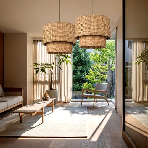 Arturesthome 1 Light Rustic Woven Pendant Light, Coastal Rattan Lampshade Hanging Lighting Fixture,Adjustable Vintage Farmhouse Chandelier Lamp Shade for Kitchen Island Dining Table Room - size: 19.68in * 15.7in