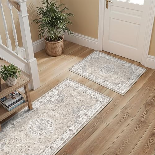 2-Piece Kitchen Runner Rug Set: Washable Non-Slip Floor Mats for Sink & Stove Cooking Area Soft Low Pile Water-Resistant Carpet for Dishwasher Fridge Fronts Durable Kitchen Island Mats(2x3+2x4,Beige) - color: Beige, size: 2x3+2x4