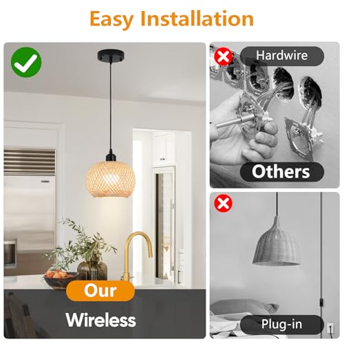 Boho Pendant Light Battery Operated,Rechargeable Woven Pendant Light with Remote,Rattan Pendant Light Fixtures for Kitchen Island,Wicker Hanging Lights for Dining Room Bedroom Hallway Entryway. - size: 7.87 in