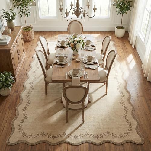 GarveeHome Scalloped Area Rugs 8x10 for Living Room, Solid Tan Jute Large Washable Rug Soft Non Slip Backing Floor Mat Carpet Indoor Thin Rug for Bedroom Dining Room Playroom Nursery Home Decor - color: Jute, size: 8' x 10' (Rectangular)