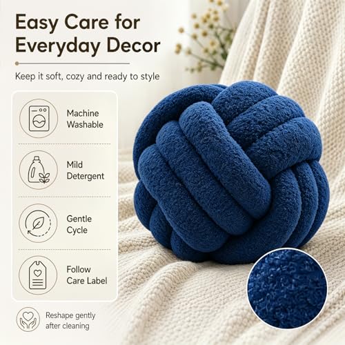 Petrella Navy Blue Knot Pillow Ball, Handmade Soft Lambswool Round Throw Pillow for Chair, Couch and Modern Room Decor, Small Decorative Pillows, Knotted Accent Cushion, 8 Inch - color: Navy, size: 8inch