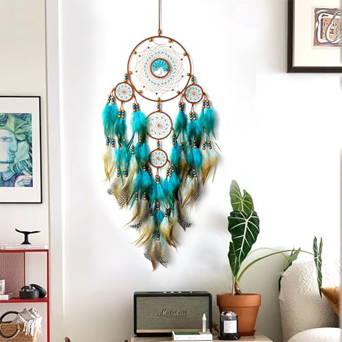 Large Dream Catchers, Boho Handmade Woven Turquoise Dream Catchers Wall Hanging for Bedroom Home Decor, Wedding Party Decor, Adults Boys Girls Festival Blessing Gift (Turquoise & Brown) - color: Turquoise & Brown