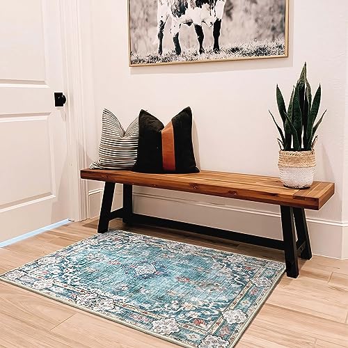 MUJOO Teal Area Rug Small Rugs Boho Machine Washable Rugs Non Slip for Entryway Kitchen Bathroom Bedroom Vintage Soft Low-Pile 2'x3' Blue Flowers Colorful - color: Teal, size: 2' x 3' (Rectangular)
