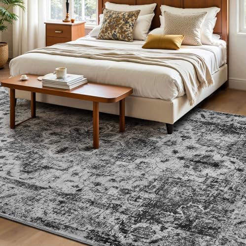 YOH Boho Washable Rug 4x6, Black Vintage Non Slip Area Rug, Distressed Indoor Carpet for Living Room Bedroom Kitchen Office - color: B-black, size: 4' x 6' (Rectangular)