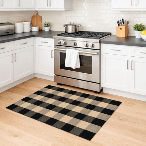 KILOCOCO Buffalo Plaid Checkered Rug - Door Mat Brown and Black Indoor Cotton Washable Front Door Rugs Layered Doormats for Front Porch Farmhouse Entryway Outdoor, 27.5x43 Inches - color: Brown and Black, size: 2'4" x 3'7" (Rectangular)