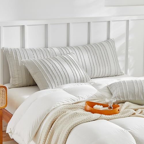 WARMDERN Light Grey Striped Pillow Covers King Pillow Cases Soft Microfiber Stripe Pillow Cases Set of 2 Boho Tufted Stripes Textured Pillowcase with Envelope Closure(Light Grey, King, 20x36 Inches) - color: Light Grey-striped, size: 20" x 36" (Pack of 2)