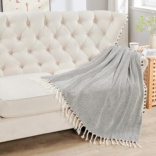 Herringbone Knitted Two Tone Throw Blankets with Braided Tassel Fringe, Boho Farmhouse Lightweight Turkish Throw Blanket for Couch Bed Sofa, Picnic, Yoga, Outdoor Blanket, 50 x 60 Inch, Coffee Brown - color: Coffee Brown