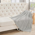 Herringbone Knitted Two Tone Throw Blankets with Braided Tassel Fringe, Boho Farmhouse Lightweight Turkish Throw Blanket for Couch Bed Sofa, Picnic, Yoga, Outdoor Blanket, 50 x 60 Inch, Coffee Brown - color: Coffee Brown