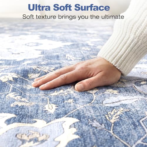 6x9 Area Rugs for Living Room, Machine Washable Boho Vintage Rug, Waterproof Surface & Non-Slip Backing, Foldable Soft Low Pile Floral Medallion Carpet for Bedroom Dining Room - color: Blue/Cream, size: 6' x 9' (Rectangular)