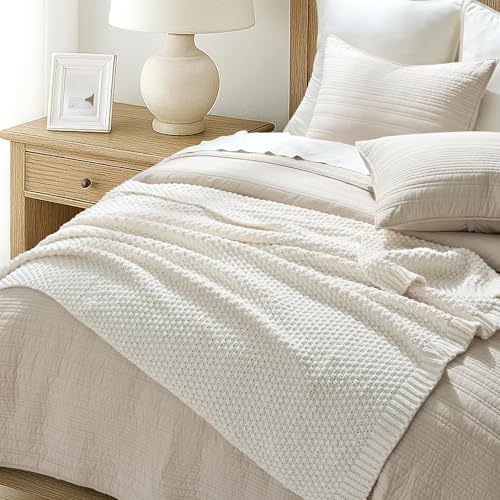 EVERGRACEHOME Chunky Chenille Knit Throw Blanket for Couch, Soft Luxurious Moss Stitch Blankets for Bed, Cozy Decorative Farmhouse Knitted Throws for Sofa, Bright White, 50" x 60" - color: Bright White, size: 50" X 60"