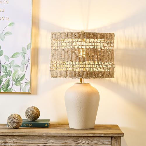 Maxax Boho Ceramic Table Lamp for Living Room, 21" Farmhouse Ceramic Bedside Lamp with Woven Rattan Shade, Coastal Rattan Bedroom Lamp for Nightstand - color: Beige