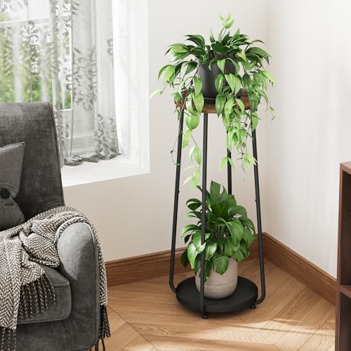 YINMIT Plant Stand Indoor, 2 Tier Wood Plant Stand, 30" Tall Vertical Flower Pot Stand, Round Corner Plant Shelf, Planter Pot Holder for Balcony Garden Patio Living Room - size: 30 In