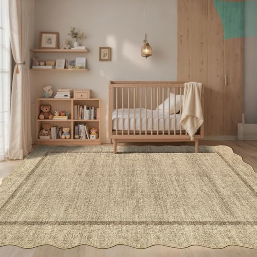 GarveeHome Scalloped Area Rug 4x6 - Washable Boho Bordered Non-Slip Entryway Rug, Neutral Farmhouse Living Room Rug Soft Throw Rugs for Entrance Hallway Bedroom Kitchen Nursery, Beige - color: Jute, size: 4' x 6' (Rectangular)