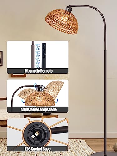 Brilvibera Boho Floor Lamp with Remote – Bronze Tall Lamp with Stepless Dimmable Bulb and Adjustable Rattan Shade for Living Room, Bedroom, Office - style: Bronze Rattan Standing Floor Lamp