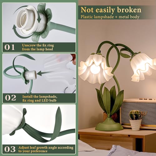 Cute Flower Table Lamp, Large Vintage Bedside Flower Lamp, 3 Colors Temperature Flower Lamp for Bedroom Living Room Bedside Reading Lighting Table Desk Lamps Home Decoration (Green) - color: Green
