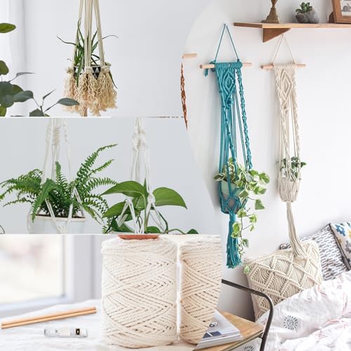 Hdviai Macrame Plant Hanger Kit, 3mm x 220Yards Cord for Adult Beginners DIY Macrame Wall Hanging Kit, with 2Pcs Wooden Dowels + Beginner's Manual + Soft Ruler+ Five Wooden Beads - size: 3MM x 220Yards Kit