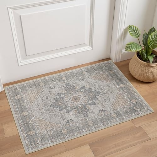 Tortania Area Rug 2x3 Doormat - Washable Vintage Oriental Farmhouse Soft Thin Indoor Carpet for Living Room Bedroom Hallway Entryway Kitchen - Brown Gray - color: Brown Gray, size: 2' x 3' (Rectangular)