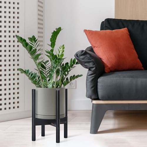 D'vine Dev Ceramic Planter with Ebony Stand - 8 Inch Modern Round Flower Pot with Wood Planter Holder, Grey, 55-B-M-3 - color: Grey Pot + Ebony Stand, size: 8 Inch